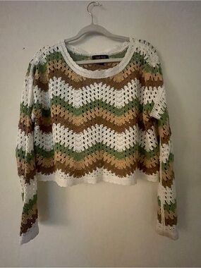 Crochet Chevron Long Sleeve Top - White, Green, Brown